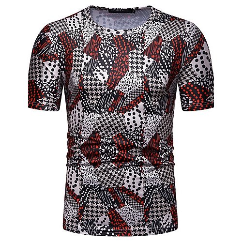 Men cotton T-shirt, color block, pattern patchwork, print round neck