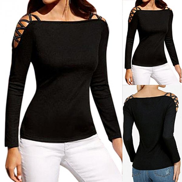 Women Pure Black Strapless Sexy Dress Long Sleeve Tunic Rivet Shirt