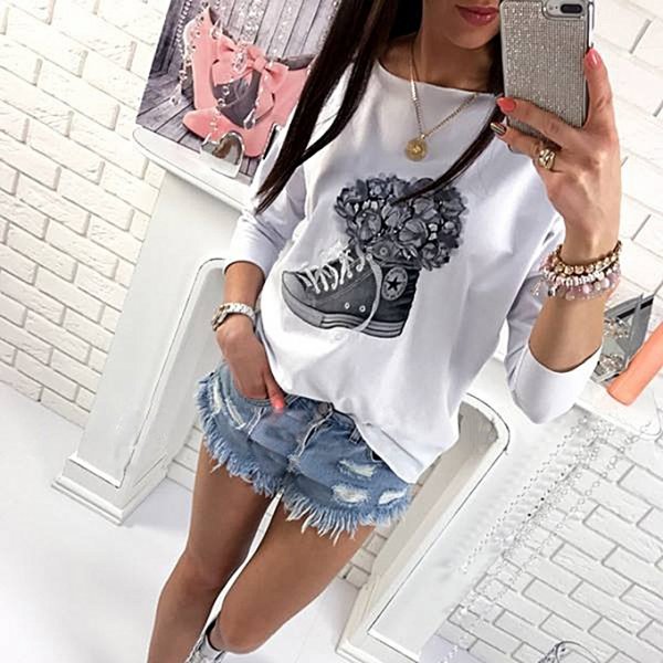 Flower sneakers printed strapless long-sleeved T-shirt shirt and gray jacket