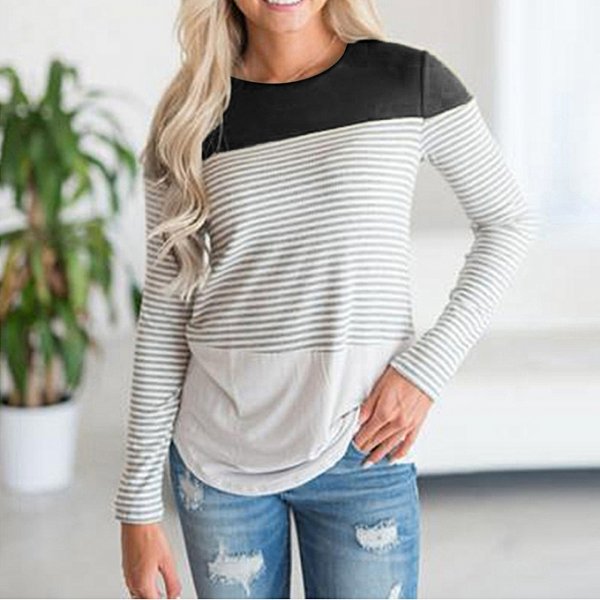 Women Casual Long Sleeve Stripe Patchwork Top Shirt T-Shirt