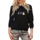 Women Black Long Sleeve Round Neck Casual Print Pullover Pullover Top