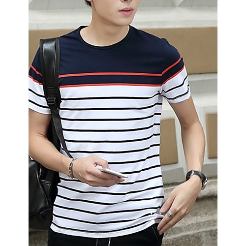 Men daily basic large size cotton slim T-shirt, striped round neck, short sleeves