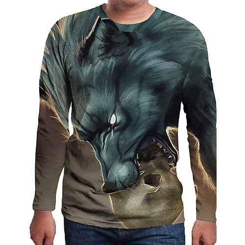 Men everyday wear holiday t-shirt, 3D, animal, enamel print round neck, long sleeves