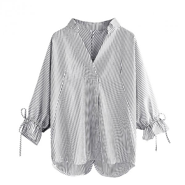 Women Collar Long Sleeve Striped Drawstring Sleeve Shirt Top T-Shirt