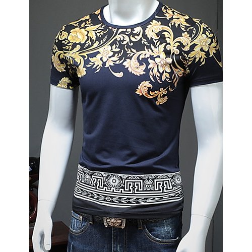 Men everyday vintage, basic cotton T-shirt, floral, round neck, short sleeves