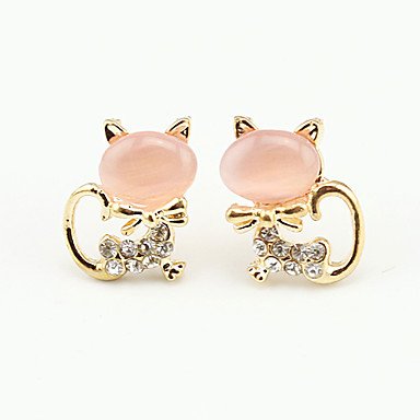 Female zircon earrings, cubic zirconia, platinum-plated animal, cute white, green, pink