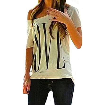 Women's casual short-sleeved T-shirt printing off shoulder