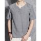 Men linen T-shirt, solid color V-neck, short-sleeved