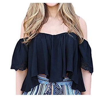 Women's casual short-sleeved chiffon blouse shoulder close cropped T-shirt