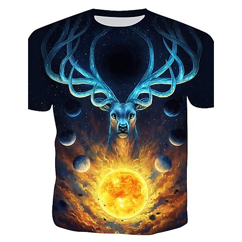 Men Basic Slim T-Shirt, Geometry, 3D, Animal Round Collar