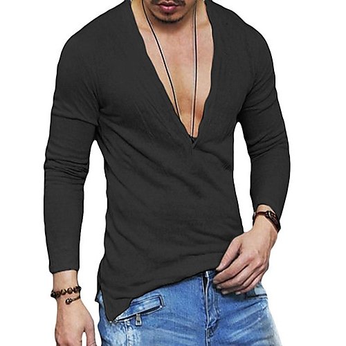 Men daily basic T-shirt, solid color V-neck, long sleeves