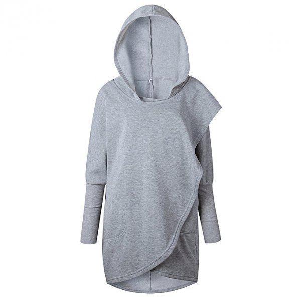 Female long-sleeved sweater long irregular personality loose hooded jacket light gray