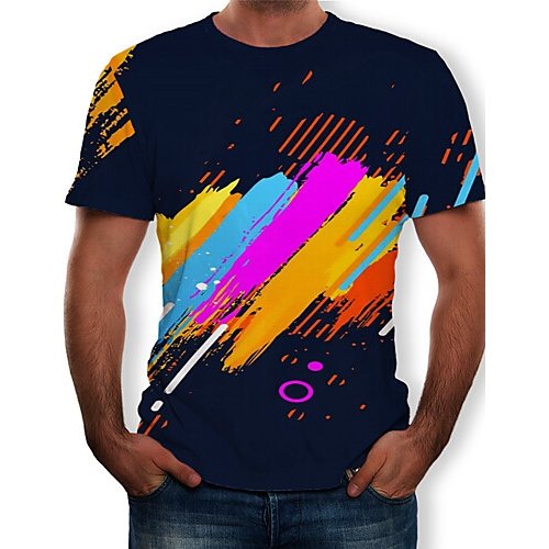 Men T-shirt, stripes, color blocks, 3D printed round neck