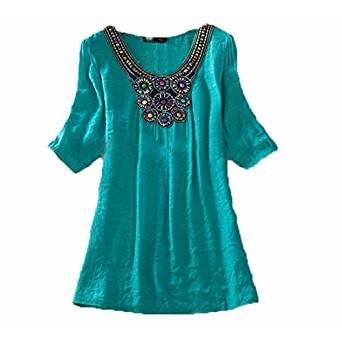 Women's round neck beaded embroidery coat top green beans