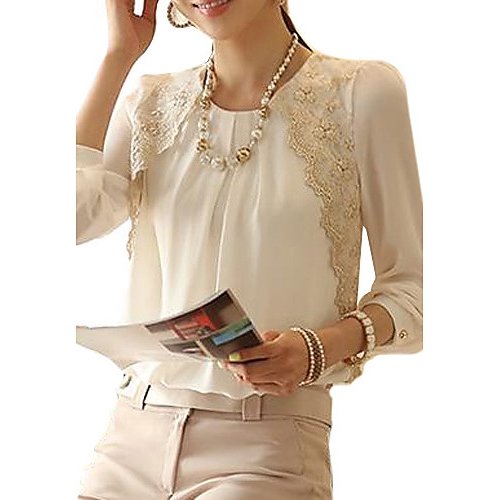 The basic shirt women work, solid color lace, ruffled round neck