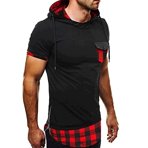 Men daily sports vitality slim T-shirt, plaid patch hood, short sleeves