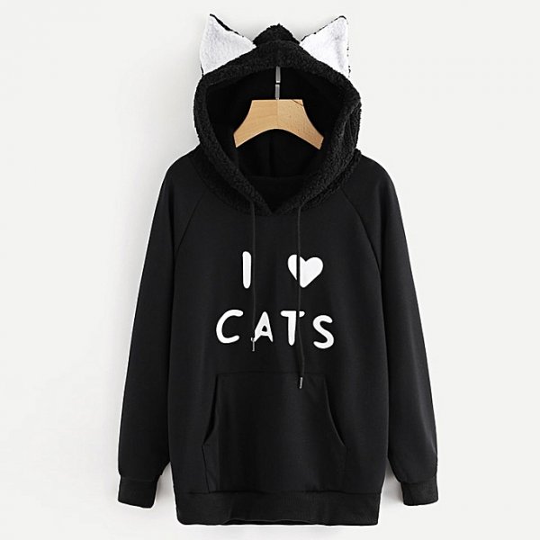 Women Shirt Long Sleeve Sweatshirt Contrast Faux Sheepskin Cat Ear Hooded Top