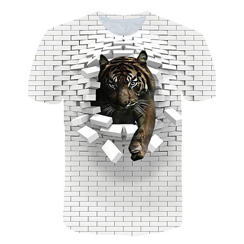 Men Beach Fashion, T-Shirt, Color Block, 3D, Animal Printed Round Neck, Short Sleeve