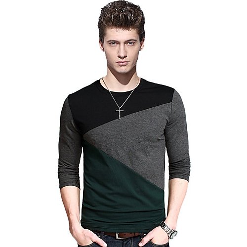 Men daily wear large size slim t-shirt, color round neck, long sleeves