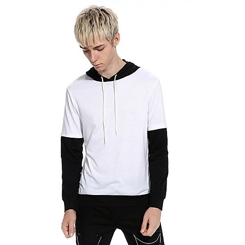 Men Daily T-Shirt, Color Block Hooded, Long Sleeve