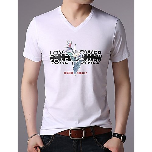 Men cotton T-shirt, floral print V-neck