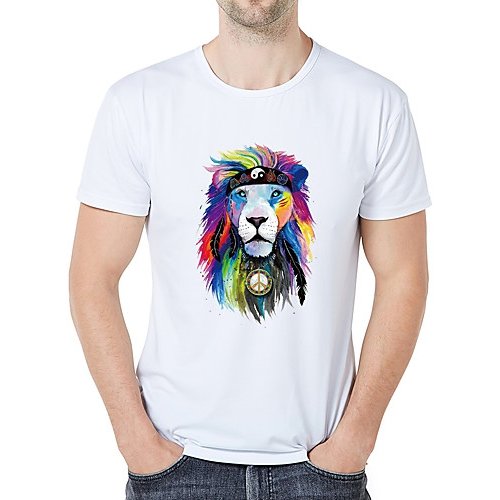 Men casual basic T-shirt, animal print round neck, short sleeves