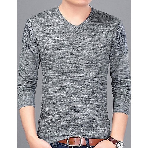 Men T-shirt, solid color V-neck, long sleeves, long