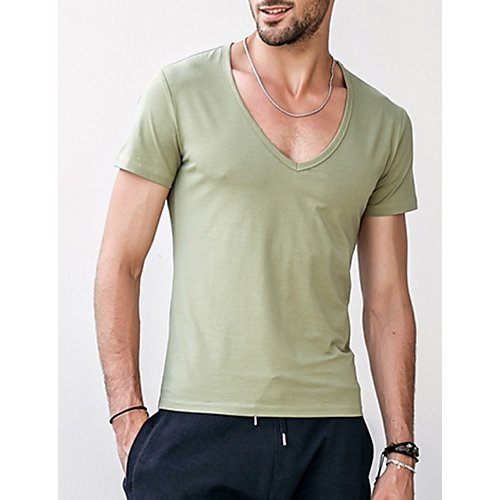 Men cotton T-shirt, solid color V-neck, short-sleeved