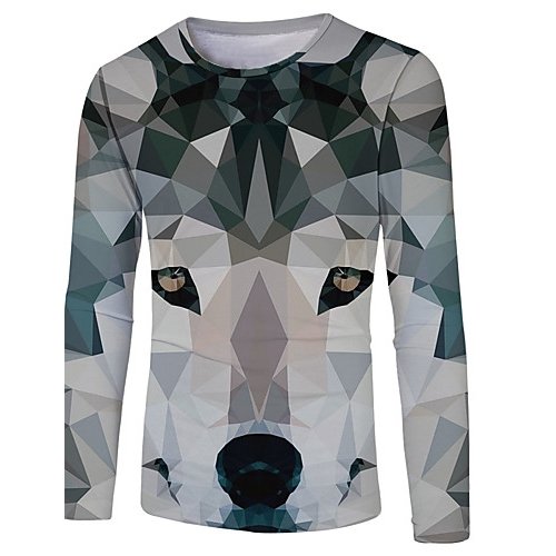 Men casual, basic daily, stylish large size T-shirt, color matching, 3D, animal print round neck, long sleeves