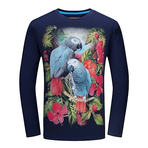 Men daily out retro large size cotton slim T-shirt, animal round neck, long sleeves