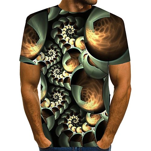 Men fashion, exaggerated T-shirt, color matching, 3D, patterned print crew neck, short sleeves