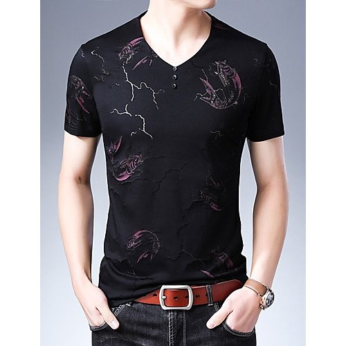 Men cotton T-shirt, animal print V-neck