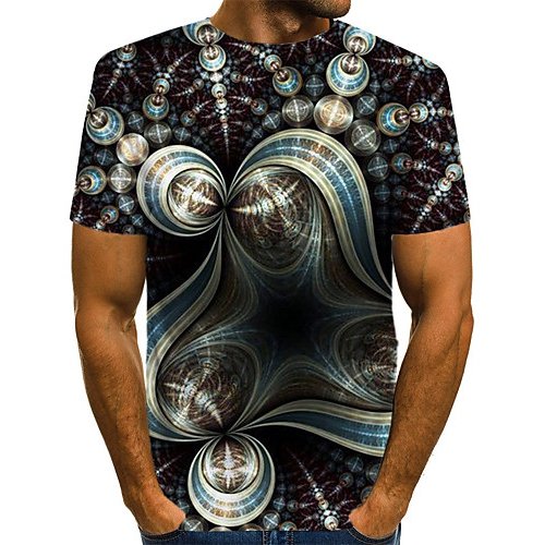 Men fashion, exaggerated T-shirt, color matching, 3D, patterned print crew neck, short sleeves