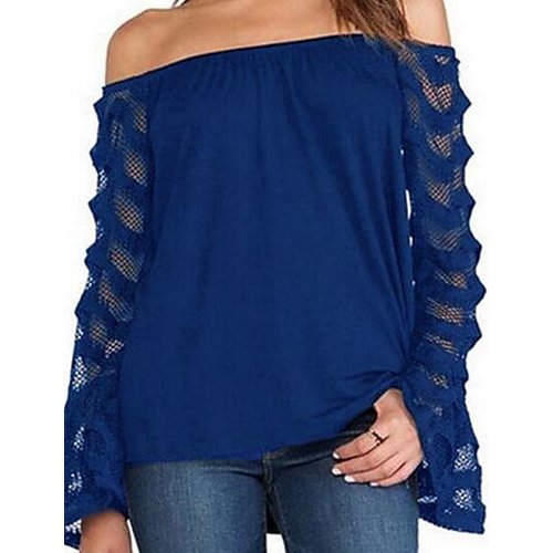 Women lantern sleeve cotton shirt lace boat neck