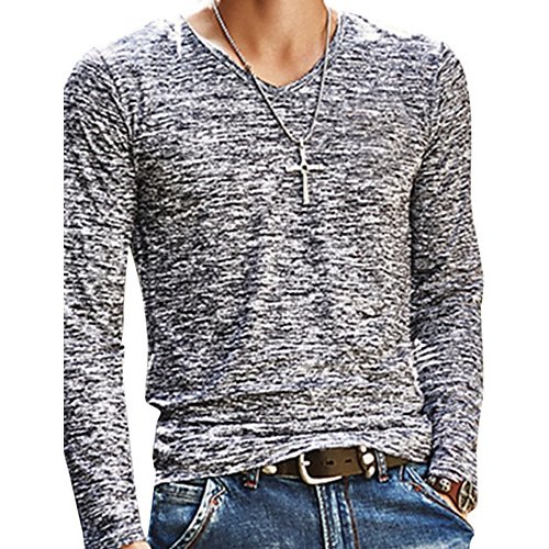 Men daily outing weekend basic slim T-shirt, solid color printed V-neck, long sleeves