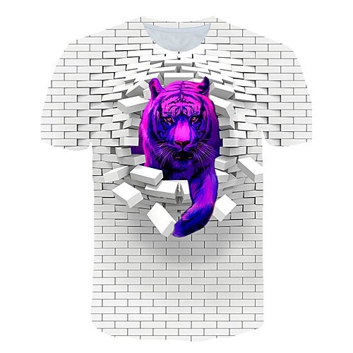 Men Beach Fashion, Exaggerated T-Shirt, Color Block, 3D, Animal Printed Round Neck, Short Sleeve