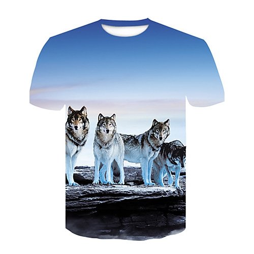 Men Daily Club Street Fashion T-Shirt, Animal Wolf, Printed Round Collar, Short Sleeve