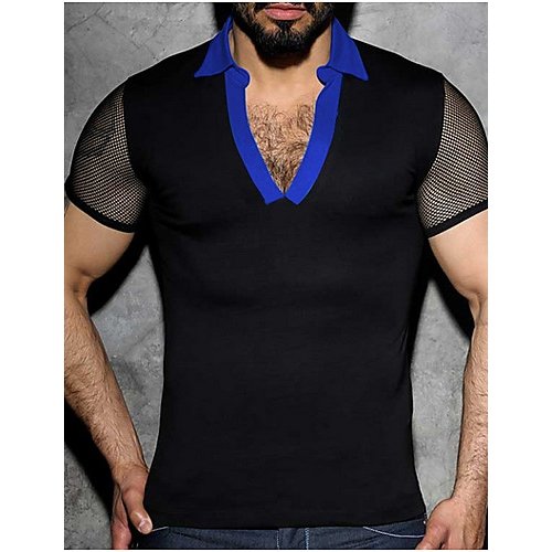 Men daily wear basic slim T-shirt, solid color patchwork V-neck, short sleeves