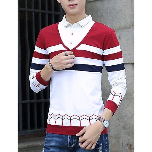 Chic Street Man cotton T-shirt, color block V-neck, long-sleeved