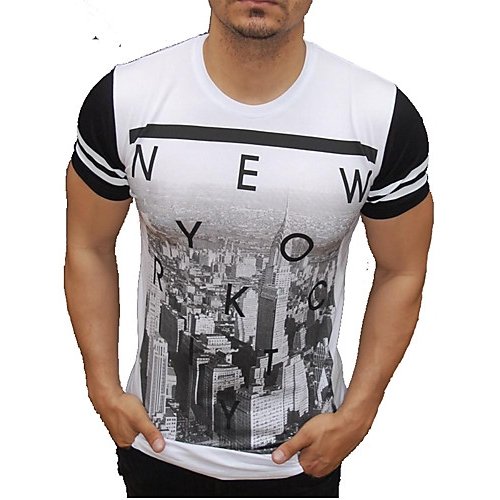 Men Daily Weekend Active, Stylish Cotton Slim T-Shirt, Color Blocks, Letter Round Collar, Short Sleeve