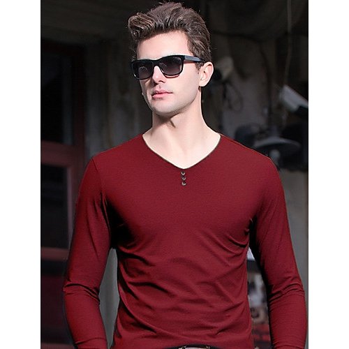 Men cotton Slim T-shirt, V-neck solid color