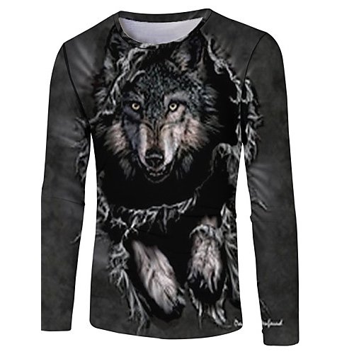 Men casual, basic daily, stylish large size T-shirt, color matching, 3D, animal print round neck, long sleeves