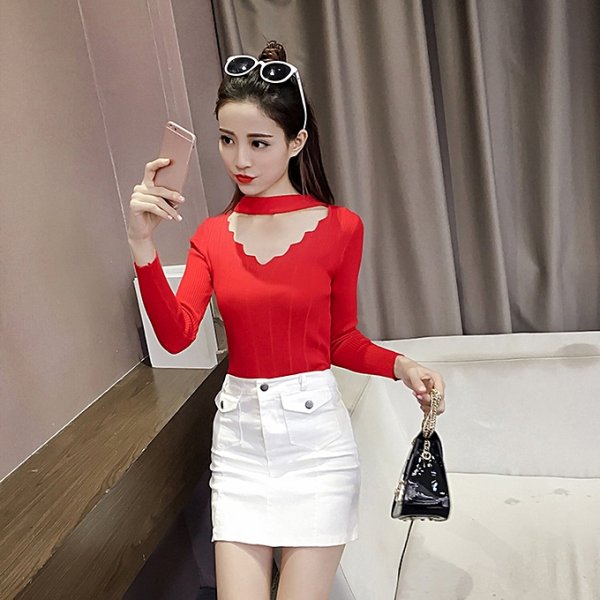 Female long-sleeved V-neck sweater knit shirt solid color short red autumn