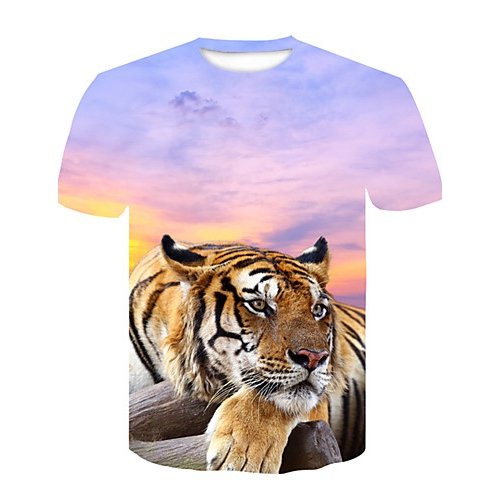 Men everyday fashion, punk gothic T-shirt, 3D, animal tiger, printed crew neck, short sleeves