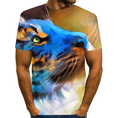 Men fashion, exaggerated T-shirt, color matching, 3D, animal print round neck, short sleeves