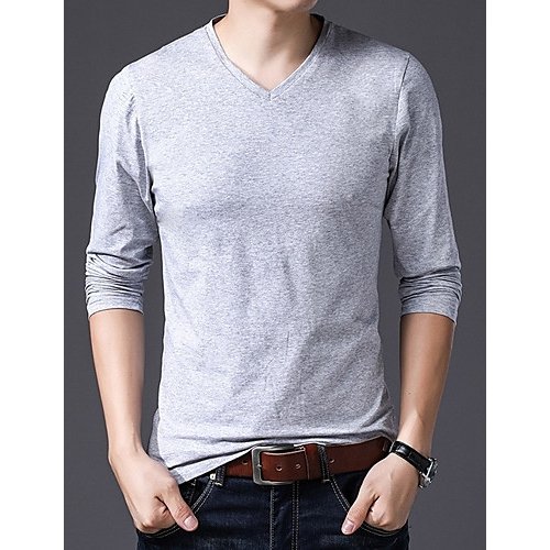 Men T-shirt, solid color V-neck, long-sleeved