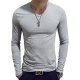 Men Daily Weekend Basic Cotton Slim T-Shirt, Solid Color V-neck, Long Sleeve