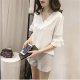 Stitched chest and sleeve design chiffon blouses, V-neck T-shirt white shirt