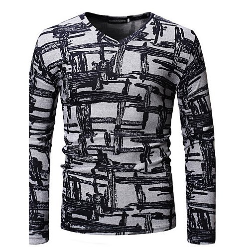 Men Daily Cotton T-Shirt, Geometric V-neck, Long Sleeve, Long