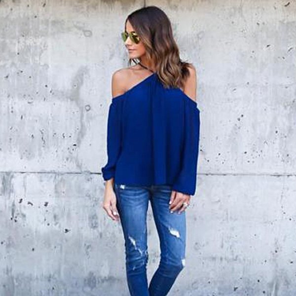 Sexy strapless chiffon long-sleeved T-shirt Women Round neck T-shirt sapphire blue halter tops